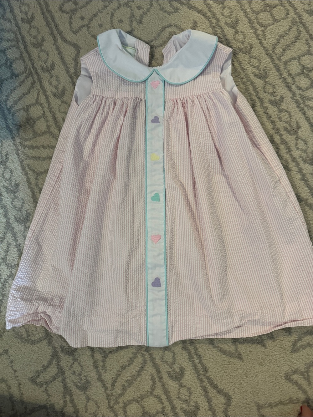 Pink Seersucker Heart Button Collar Dress